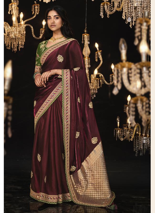 Glass Tissue Wine Party Wear Embroidery Work Saree